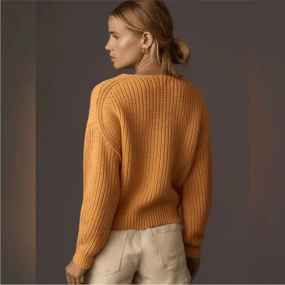 Anthropologie Maeve V-Neck Knit Sculptured Chunky Pullover Sweater XL Orange - Picture 2 of 7